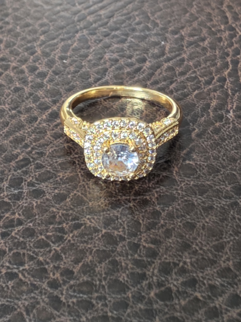 Gold Plated Over Brass Halo Ring with Clear Center Stone Size 8
